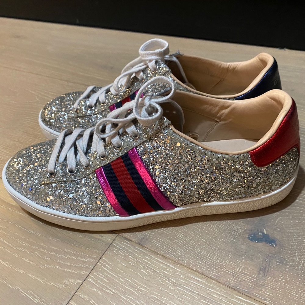 GUCCI SILVER GLITTER ACE SNEAKERS